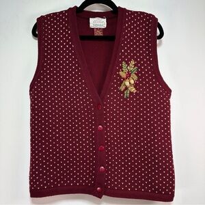 Vintage Sweater Vest Burgundy Embroidered Button Front Knit 90s Cottagecore M